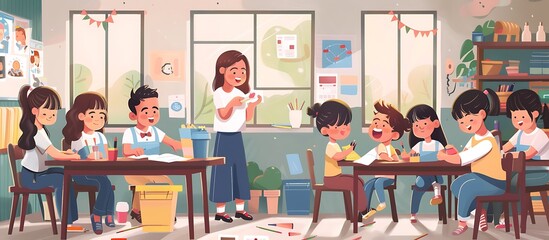 Wall Mural - there are many children sitting at the desks in the classroom