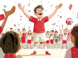 cartoon illustration of a boy in a red shirt and white shorts standing in front of a crowd of people