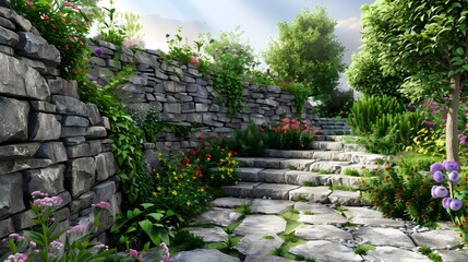 Poster - Stone retaining walls decorated with climbing plants