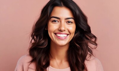 Wall Mural - Portrait of a happy young woman smiling and looking at camera isolated over pink background