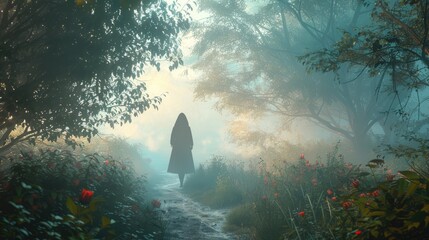 Wall Mural - A ghostly figure of a woman in a hooded cloak walks through a foggy forest.