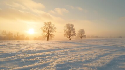 Canvas Print - A spacious field covered with snow where single