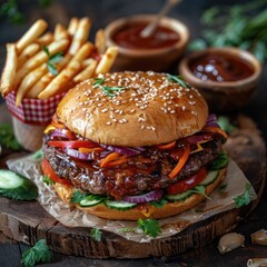 Wall Mural - Juicy burger stacked high with fresh toppings and crispy fries on a rustic wooden table