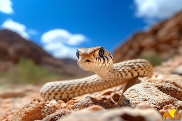 A snake with dark eyes and a patterned body,  coiled on rocks, stares directly at the viewer. The snake is surrounded by a desert landscape.