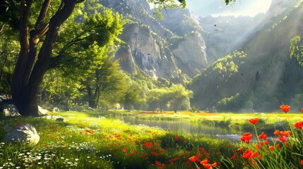 Wall Mural - Glade with bright flowers and green grass against