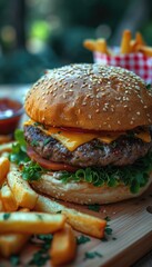 Wall Mural - Juicy cheeseburger with fries served outdoors in a vibrant setting