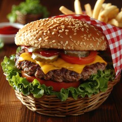 Wall Mural - Juicy cheeseburger nestled in crisp lettuce accompanied by golden fries on a rustic wooden table