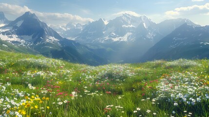 Poster - Field with flowering meadows and green hills