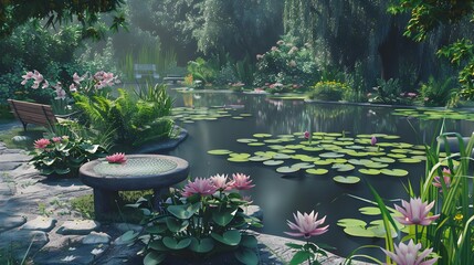 Wall Mural - Calm pond surrounded by flowering aquatic plants image