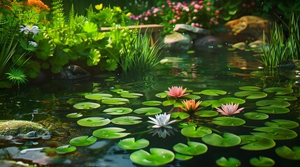 Wall Mural - Blooming pond surrounded by green plants and aquatic picture