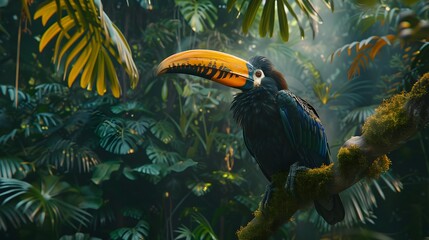 Wall Mural - Hornbill sitting on a branch in a tropical