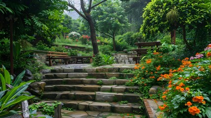 Wall Mural - The stepped grove is surrounded by greenery