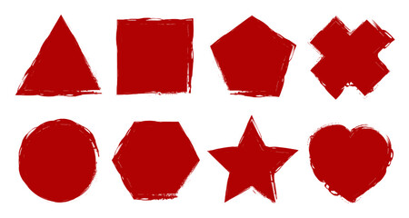 Wall Mural - Paint brush strokes with geometric shapes. Brush stroke big set red frame, grunge frame border, freehand drawings, ink splatters, bold curved lines and squiggles marker stripe, grunge crayon stamp