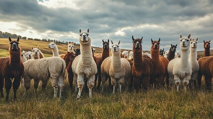 A group of alpacas stand in a field, looking at the camera.