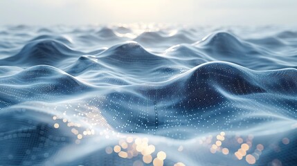 Digital ocean with a CPU submerged in binary code waves, double exposure style, white background, metallic surface reflecting data currents, minimalistic design, soft light, hd quality.
