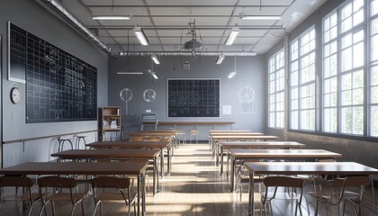 Wall Mural - Photo of a long and narrow Japanese elementary school classroom. Back to school concept.