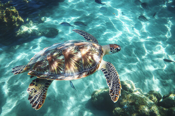 Vibrant underwater scene of a sea turtle gracefully swimming in crystal clear ocean waters, surrounded by fish and coral reefs.
