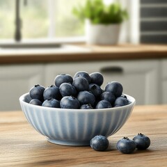 Wall Mural - A bowl of fresh, plump blueberries, with a few berries spilling onto a rustic wooden table. The background shows a blurred view of a kitchen with natural light