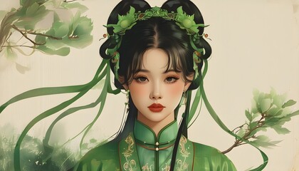 A woman with a soft face, dressed in green clothes and an elegant background, showing a classical atmosphere.