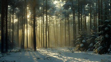 Sticker - Winter pine forest with tall trees covered