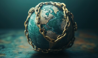 Wall Mural - a globe is chained to the ground. the globe is surrounded by chains and is sitting on a brown surfac