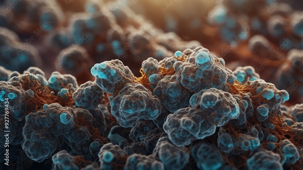 Electron microscopy image of lysosomal accumulations in a tissue sample highlighting the impact of lysosomal storage disorders at a microscopic level.