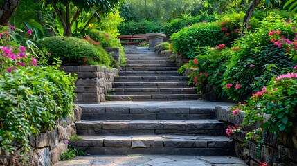 Canvas Print - Stone steps connecting different levels of the garden