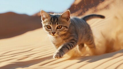 cat runing across the desertt