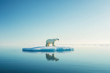 Polar bear is standing on a melting ice floe in the arctic ocean, raising awareness about climate change