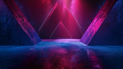 Wall Mural - 3D technology abstract neon light background, empty space scene, spotlight, dark night, virtual reality, cyber futuristic sci-fi background, street floor studio for mock up. Colored geometric