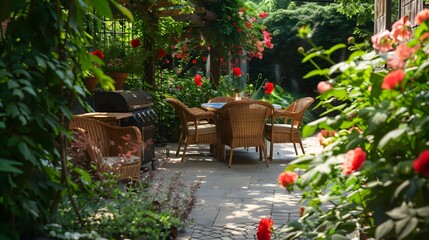 Poster - Terrace with barbecue elegant surrounded by greenery