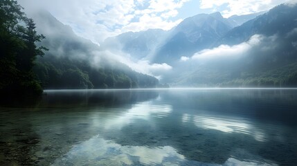 Wall Mural - Light morning fog envelops the water and mountains