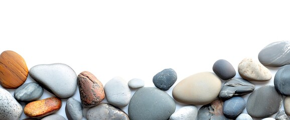 Canvas Print - Smooth river rocks arranged on white background with copy space.