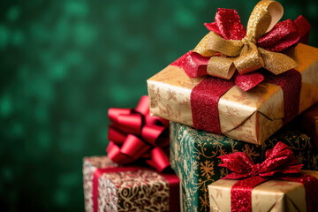Wall Mural - christmas presents wrapped in colorful paper and tied with red and gold ribbon are stacked in front 