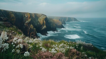 Poster - The cliffs of cornwall rise above the crashing