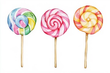 Colorful watercolor artwork featuring playful candy lollipops on sticks alongside distinct design elements. Highlighting watercolor methods, sweet lollipops, wooden sticks, and original clipart