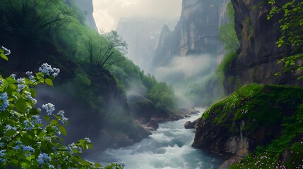 Wall Mural - Gorge with steep cliffs covered with greenery