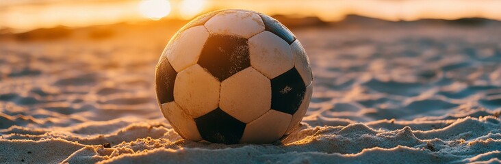 Soccer ball rests on golden sand at a tropical beach, depicting summer, relaxation, and sport.