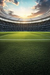 Wall Mural - Sport stadium with green grass and illumination lights. Concept of championship tournaments 2024, league, match, and win.