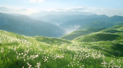 Wall Mural - Hills covered with green grass and wildflowers