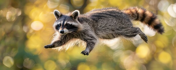 Wall Mural - Raccoon mid-air, appearing to fly through a forest with autumn colors.