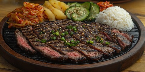 Wall Mural - Juicy grilled steak served with rice, pickled vegetables, and grilled potatoes on a wooden platter for a delicious and savory meal