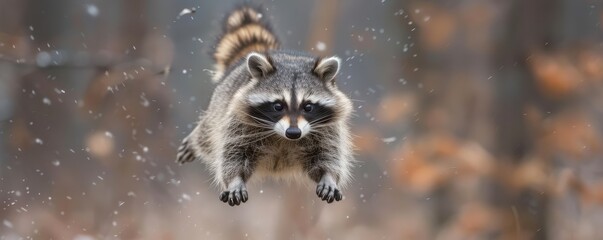 Wall Mural - Raccoon mid-air, appearing to fly through a forest with autumn colors.