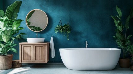 Featuring a white sink, wooden vanity, interior plants, bathroom accessories, a bathtub and shower, white and blue walls, and a concrete floor, this minimalist bathroom design is sleek and modern.