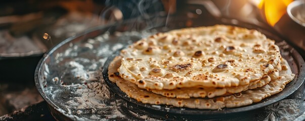 Close-up of freshly baked Indian roti on a rustic surface with scattered spices. Free copy space for text.