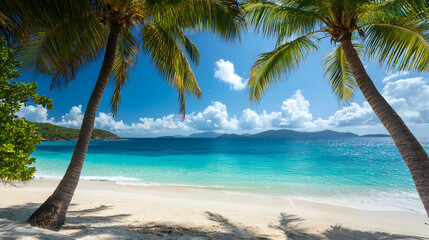 Wall Mural - Beautiful beach with white sand, turquoise ocean, blue sky with clouds and palm tree over the water on a Sunny day.