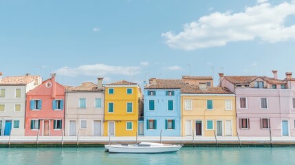 Poster - The scene depicts a boat, the ocean, colorful houses, and a hotel in Nassau, Bahamas, during a summer day