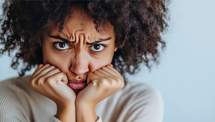 A frustrated woman with curly hair stares intensely.