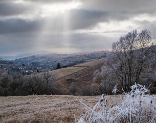 Wall Mural - winter coming. cloudy and foggy morning very late autumn mountains scene. peaceful picturesque trave