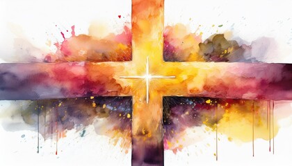 Wall Mural - A luminous watercolor cross blending pinks and yellows, isolated on a white background with